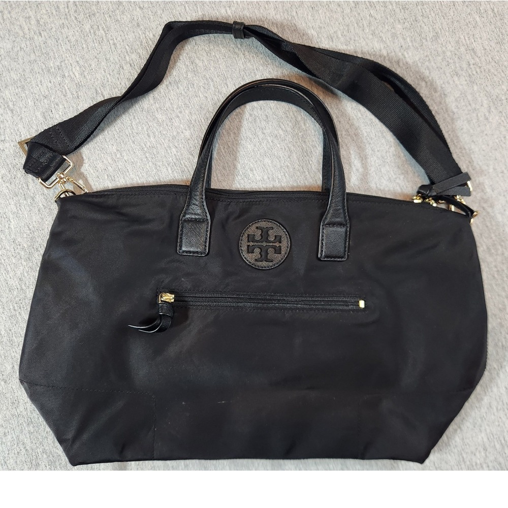 Tory Burch Ella Tote Bag Womens Medium Black Nylon Saffiano Crossbody Strap